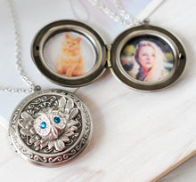 Load image into Gallery viewer, Owl Locket Necklace with December Birthstone Blue Zircon, Personalized Silver Photo Picture Locket, December Birthday Gift for Girls Women
