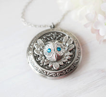 Load image into Gallery viewer, Owl Locket Necklace with December Birthstone Blue Zircon, Personalized Silver Photo Picture Locket, December Birthday Gift for Girls Women
