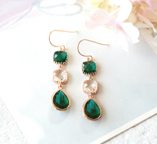 Load image into Gallery viewer, Emerald Green and Clear Crystal Dangle Earrings in Rose Gold, May Birthstone Birthday Gift,  Emerald Wedding Jewelry, Rose Gold Earrings
