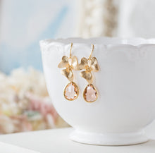 Load image into Gallery viewer, Peach Champagne Teardrop Crystal Gold Orchid Flower Dangle Earrings, Wedding Jewelry, Bridesmaid Earrings, Bridal Party Gift, Gift for Her
