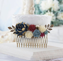 画像をギャラリービューアに読み込む, Navy Blue Burgundy Wedding Bridal Hair Comb, Navy Blue Maroon Dusty Blue Ivory Rose Flower Hair Comb,  Antique Gold Leaf, Country Wedding
