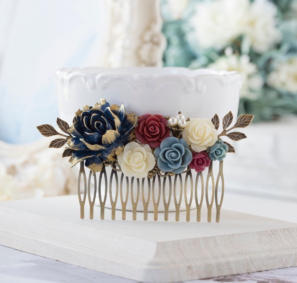 Navy Blue Burgundy Wedding Bridal Hair Comb, Navy Blue Maroon Dusty Blue Ivory Rose Flower Hair Comb,  Antique Gold Leaf, Country Wedding