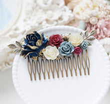 画像をギャラリービューアに読み込む, Navy Blue Burgundy Wedding Bridal Hair Comb, Navy Blue Maroon Dusty Blue Ivory Rose Flower Hair Comb,  Antique Gold Leaf, Country Wedding
