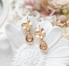 Load image into Gallery viewer, Peach Champagne Teardrop Crystal Gold Orchid Flower Dangle Earrings, Wedding Jewelry, Bridesmaid Earrings, Bridal Party Gift, Gift for Her
