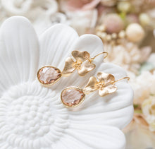 Load image into Gallery viewer, Peach Champagne Teardrop Crystal Gold Orchid Flower Dangle Earrings, Wedding Jewelry, Bridesmaid Earrings, Bridal Party Gift, Gift for Her
