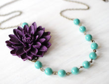 Load image into Gallery viewer, Purple and Turquoise Blue Necklace, Large chrysanthemum Flower Pearl Necklace, Wedding Party Jewelry, Statement Necklace, Gift for her
