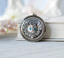 Load image into Gallery viewer, Owl Locket Necklace with December Birthstone Blue Zircon, Personalized Silver Photo Picture Locket, December Birthday Gift for Girls Women
