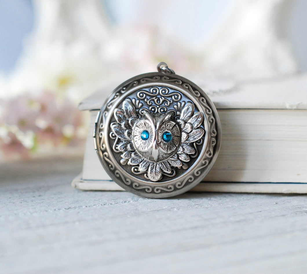 Owl Locket Necklace with December Birthstone Blue Zircon, Personalized Silver Photo Picture Locket, December Birthday Gift for Girls Women