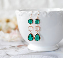 Load image into Gallery viewer, Rose Gold Plated Emerald Green Earrings, Green and Clear Crystal Earrings, Rose Gold Jewelry, Emerald Wedding Bridesmaid Gift, Gift for Her
