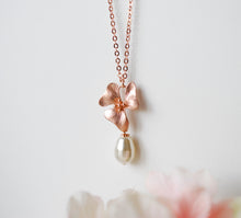 Load image into Gallery viewer, Rose Gold Orchid FlowerCream White Teardrop Pearl Necklace, Pearl Necklace, June Birthstone, Birthday Gift for Her, Rose Gold Jewelry
