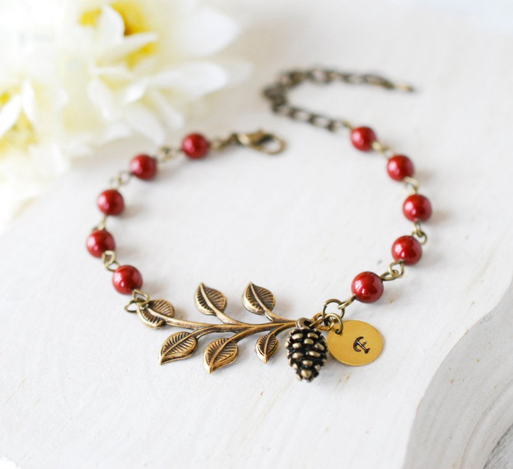 Personalized Initial Dark red Maroon Pearls Bracelet with Pinecone charm leaf branch, Perosnalized Jewelry, Gift for mom daughter sister