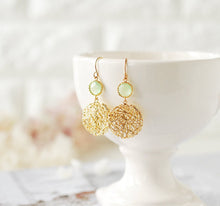 Load image into Gallery viewer, Mint Green Earrings, Gold Round Filigree Dangle Earrings, Birthday Gift, Gift for mom wife sister, Mint Wedding Bridesmaid Gift
