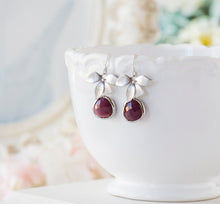 Load image into Gallery viewer, Silver Flower Burgundy Maroon Earrings, Christmas Gift for Mom Wife Sister, Dark Red Earrings, Burgundy Wedding Bridesmaid Gift
