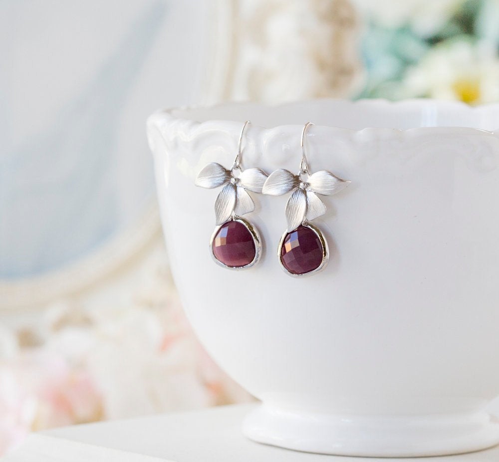 Silver Flower Burgundy Maroon Earrings, Christmas Gift for Mom Wife Sister, Dark Red Earrings, Burgundy Wedding Bridesmaid Gift