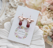 Load image into Gallery viewer, Rose Gold Flower Earrings, Dark Red Wine Maroon Burgundy Pearl Earrings, Rose Gold Jewelry, Wine Wedding Bridesmaid Gift, Gift for mom wife
