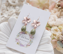 Load image into Gallery viewer, Olive Green Pearl Rose Gold Orchid Flower Earrings, Olivine Earrings, Sage Green Earrings, Gift for Mom Wife Mother in Law Sister her
