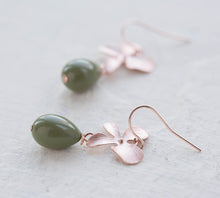 Load image into Gallery viewer, Olive Green Pearl Rose Gold Orchid Flower Earrings, Olivine Earrings, Sage Green Earrings, Gift for Mom Wife Mother in Law Sister her
