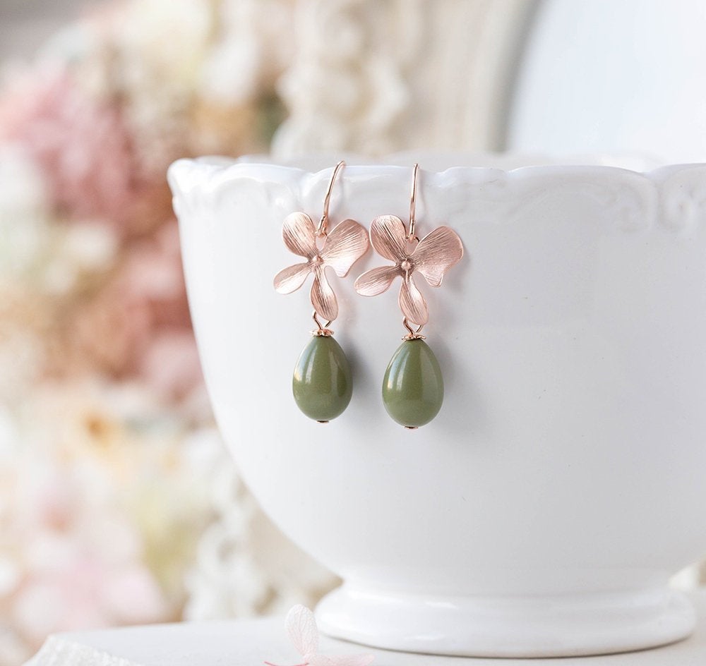 Olive Green Pearl Rose Gold Orchid Flower Earrings, Olivine Earrings, Sage Green Earrings, Gift for Mom Wife Mother in Law Sister her