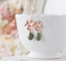 Load image into Gallery viewer, Olive Green Pearl Rose Gold Orchid Flower Dangle Earrings, Rose Gold Green Wedding Jewelry, Teardrop Green Pearl Earrings, Gift for Her
