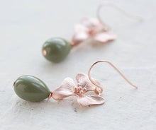 Load image into Gallery viewer, Olive Green Pearl Rose Gold Orchid Flower Dangle Earrings, Rose Gold Green Wedding Jewelry, Teardrop Green Pearl Earrings, Gift for Her
