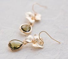 Load image into Gallery viewer, Dark Olive Green Earrings, Gold Flower Blossom Dangle Earrings, Olive Green Wedding, Olivine Earrings, Birthday Gift for Mom Wife Sister Her
