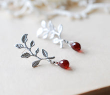 Load image into Gallery viewer, Silver Leaf Branch Natural Garnet Gemstone Post Earrings, January Birthstone, Garnet Jewelry, Dark Red Burgundy Earrings, Gift for women her
