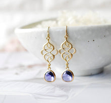 Load image into Gallery viewer, Gold Celtic Knot Amethyst Purple Earrings, Celtic Jewelry, Purple Earrings, Purple Wedding Bridesmaid Gift, Gift for women, Christmas Gift
