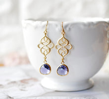 Load image into Gallery viewer, Gold Celtic Knot Amethyst Purple Earrings, Celtic Jewelry, Purple Earrings, Purple Wedding Bridesmaid Gift, Gift for women, Christmas Gift
