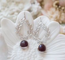 Load image into Gallery viewer, Silver Leaf Wreath Burgundy Earrings, Dark Red Earrings, Burgundy Wedding Jewelry, Bridesmaid Earrings, Maid of Honor Gift, Gift for Mom
