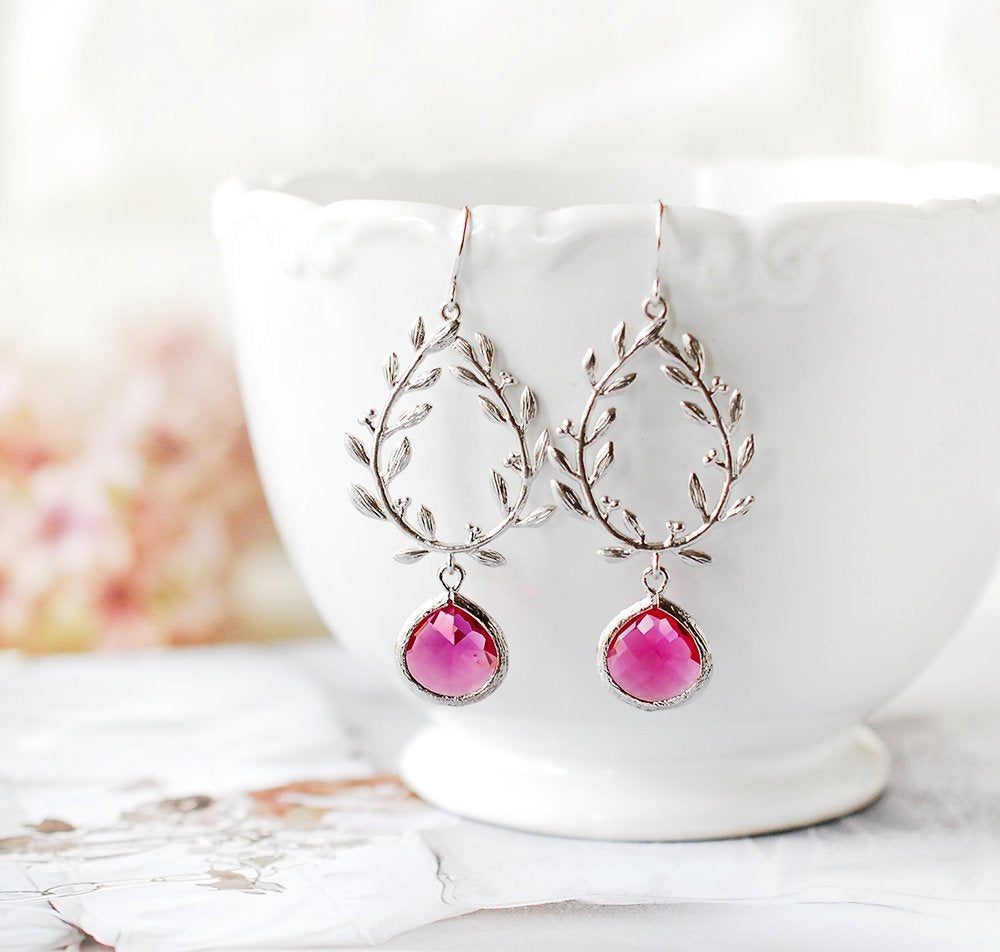 Fuchsia Earrings, Silver Laurel Wreath Hot Pink Teardrop Crystal Dangle Earrings, Fuchsia Wedding Jewelry, Bridesmaid Gift, Gift for women