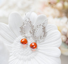 Load image into Gallery viewer, Orange Earrings, Tangerine Earrings, Silver Leaf Laurel Wreath Earrings, Orange Wedding Jewelry, Bridesmaid Earrings, Gift for women
