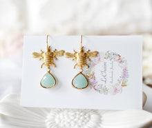 Load image into Gallery viewer, Gold Bee Earrings with Light Blue Teardrop Stones, Bee Jewelry, Gift for Bee Lover, Gift for Bee Keeper, Gift for women Girls Mom Daughter
