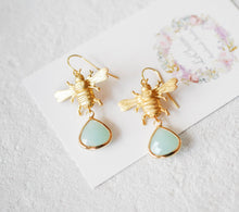 Load image into Gallery viewer, Gold Bee Earrings with Light Blue Teardrop Stones, Bee Jewelry, Gift for Bee Lover, Gift for Bee Keeper, Gift for women Girls Mom Daughter
