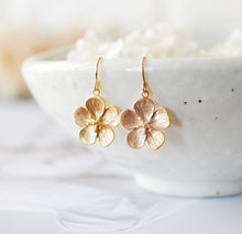 Load image into Gallery viewer, Gold Flower Dangle Earrings, Cherry Blossom Earrings, Sakura Earrings, Flower Girl Gift, Gift for girls women wife mom daughter girlfriend
