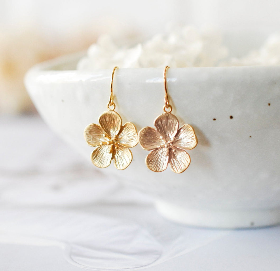 Gold Flower Dangle Earrings, Cherry Blossom Earrings, Sakura Earrings, Flower Girl Gift, Gift for girls women wife mom daughter girlfriend