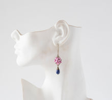 Load image into Gallery viewer, Lilac and Navy Blue Earrings, Vintage Style Flower Dangle Earring, Navy Blue Teardrop Pearl Earrings, Lilac Navy Wedding, Bridesmaid Gift
