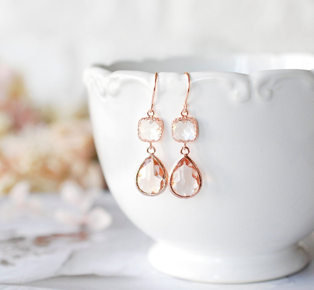 Rose Gold Earrings, Peach Champagne Clear Crystal Earrings, Rose Gold Jewelry, Birthday Anniversary Gift for Women, Bridesmaid Gift