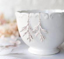 Load image into Gallery viewer, Silver Spruce Tree Leaf Branch Earrings, Fall Earrings, Winter Earrings, Fall Winter Jewelry, Coniferous Evergreen tree, Christmas Tree
