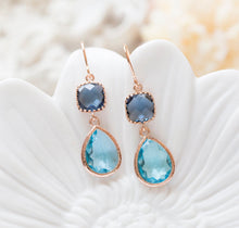 Load image into Gallery viewer, Rose Gold Navy Blue Aqua Blue Earrings, Pink Gold Earring, Something Blue Wedding Jewelry, Bridal Party Bridesmaid Gift, Gift for Her Women
