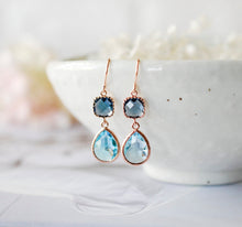 Load image into Gallery viewer, Rose Gold Navy Blue Aqua Blue Earrings, Pink Gold Earring, Something Blue Wedding Jewelry, Bridal Party Bridesmaid Gift, Gift for Her Women
