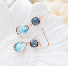 Load image into Gallery viewer, Rose Gold Navy Blue Aqua Blue Earrings, Pink Gold Earring, Something Blue Wedding Jewelry, Bridal Party Bridesmaid Gift, Gift for Her Women
