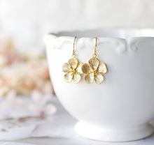 Load image into Gallery viewer, Gold Flower Dangle Earrings, Cherry Blossom Earrings, Sakura Earrings, Flower Girl Gift, Gift for girls women wife mom daughter girlfriend
