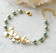 Load image into Gallery viewer, Sage Green Pearl Bracelet with Gold Flowers, Sage Green Wedding Bridal Jewelry, Bridesmaid Gift, Adjustable Bracelet, Gift for Mom
