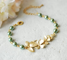 Load image into Gallery viewer, Sage Green Pearl Bracelet with Gold Flowers, Sage Green Wedding Bridal Jewelry, Bridesmaid Gift, Adjustable Bracelet, Gift for Mom
