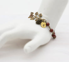 画像をギャラリービューアに読み込む, Personalized Initial Dark red Maroon Pearls Bracelet with Pinecone charm leaf branch, Perosnalized Jewelry, Gift for mom daughter sister
