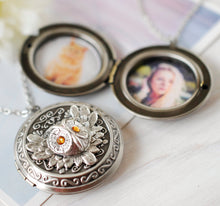 Load image into Gallery viewer, November Birthstone Topaz Silver Owl Locket Necklace , Personalized Photo Customized Picture Locket, November Birthday Gift for Girls Women
