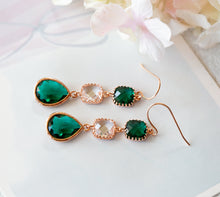 Load image into Gallery viewer, Emerald Green and Clear Crystal Dangle Earrings in Rose Gold, May Birthstone Birthday Gift,  Emerald Wedding Jewelry, Rose Gold Earrings
