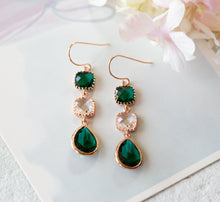 Load image into Gallery viewer, Emerald Green and Clear Crystal Dangle Earrings in Rose Gold, May Birthstone Birthday Gift,  Emerald Wedding Jewelry, Rose Gold Earrings
