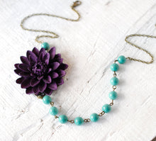 Load image into Gallery viewer, Purple and Turquoise Blue Necklace, Large chrysanthemum Flower Pearl Necklace, Wedding Party Jewelry, Statement Necklace, Gift for her
