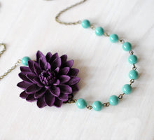 Load image into Gallery viewer, Purple and Turquoise Blue Necklace, Large chrysanthemum Flower Pearl Necklace, Wedding Party Jewelry, Statement Necklace, Gift for her
